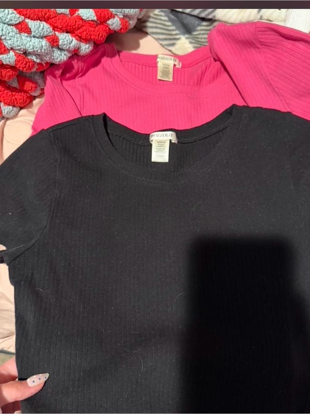 Bozzolo Ribbed Short Sleeve Tees - Black & Hot Pink